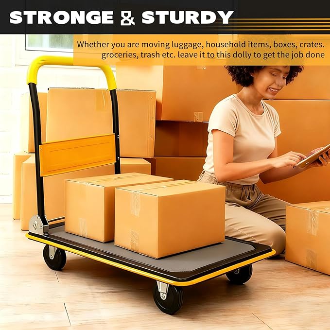 660lbs Large Size Heavy Duty Yellow Flatbed Cart, Foldable Platform Hand Truck with 360° Swivel Wheels, Steel Utility Dolly for Warehouse, Moving & Storage