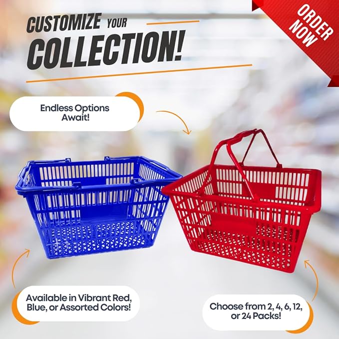Stackable Plastic Shopping Baskets, Red and Blue, Easy-Grip Handles for Grocery, Retail, Liquor Stores, Home Use (12-pack, Red)