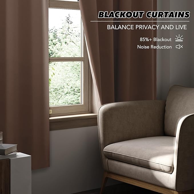 KGORGE Mocha Short Blackout Curtains 36 inch Length for Kitchen, Back Tab Rod Pocket Privacy Thermal Insulation Short Half Window Tiers for Bathroom Basement Offic, W34 x L36, 2 Panels