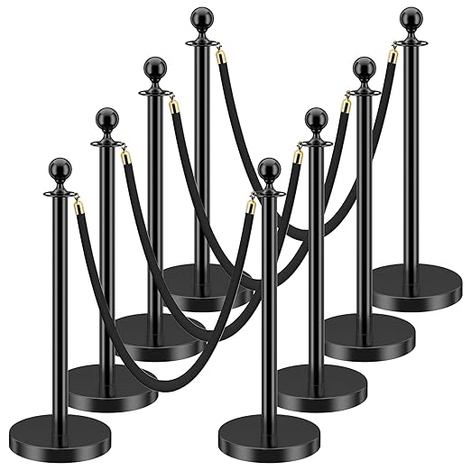 LOVMOR Crowd Control Stanchion, Set with 5 ft/1.5 m Red Velvet Rope, Set of 8 Pieces, Stanchion Rope Divider, Black Queue Barrier Line Divider with Fillable Plastic Base, Airport