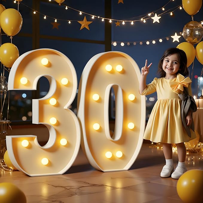 Marquee Numbers 3 Feet Tall Large Light Up Numbers 30th Birthday Decorations Women Men Big Yellow Light Outdoor Anniversary Decorations Balloon Arch Kit Party Backdrop 30