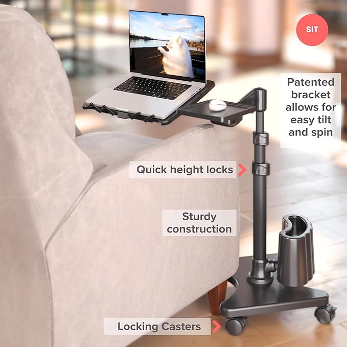 LEVO G2 Deluxe Adjustable Laptop Stand – Rolling Computer Desk & Ergonomic Table for Bed, Sofa, or Office – Portable Mobile Workstation with Tilt – Fits Devices up to 16″ - Charcoal & Black