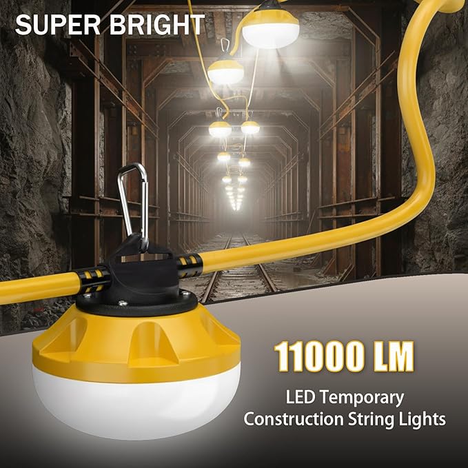 100FT LED Construction String Lights, 10 Bulbs Waterproof Linkable Industrial String Work Lights & Hooks, 5000K Daylight Temporary Lighting for Jobsite Attic Cralspace