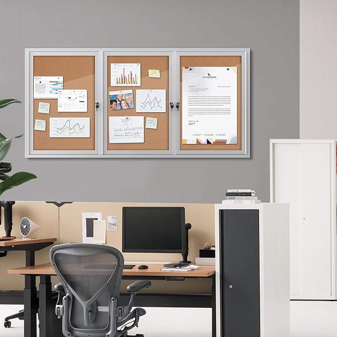 Mifuro 70"x34" Enclosed Bulletin Board, Outdoor Lockable Weather-Resistant Aluminum Cork Noticeboard for School & Office, Silver Frame w/Cork