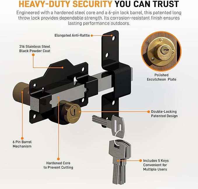 GateMate 2 ¾”(70mm) Double Locking Long Throw Gate Lock 5 Keys Included, Stainless Steel, High Durability, Ideal for Gates and Doors, Corrosion-Resistant.