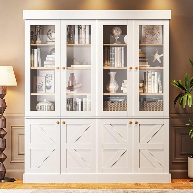 Vyre 71" Tall Farmhouse Bookshelves with Glass Doors, Set of 4 – Large Modular Bookcase with Adjustable Shelves, Storage Cabinet for Living Room, Kitchen, Home Office, White
