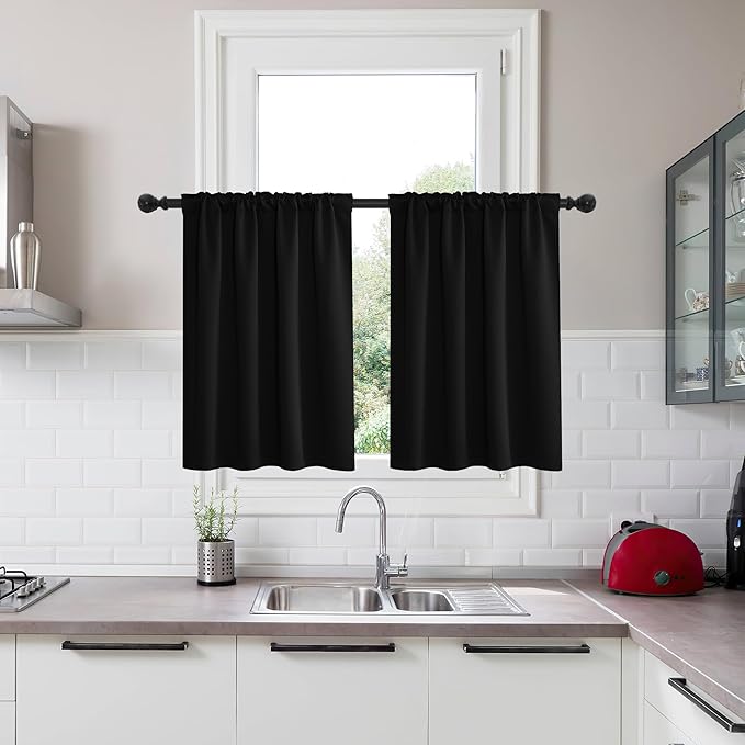 KGORGE Short Blackout Curtains 36 inch Length for Kitchen, Energy Saving Black Out Privacy Shades Drapes Half Windows Curtains for Bathroom Basement, W34 x L36 inches, Black, 2 Panels