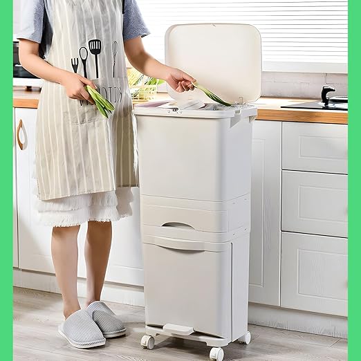 42L Kitchen Trash Can, Large Three-Layer Dual Trash and Recycling Bins, Vertical Dry and Wet Separation Waste Sorting Bins with Wheels for Kitchen, Bedroom, Livingroom, White (Without Bucket)
