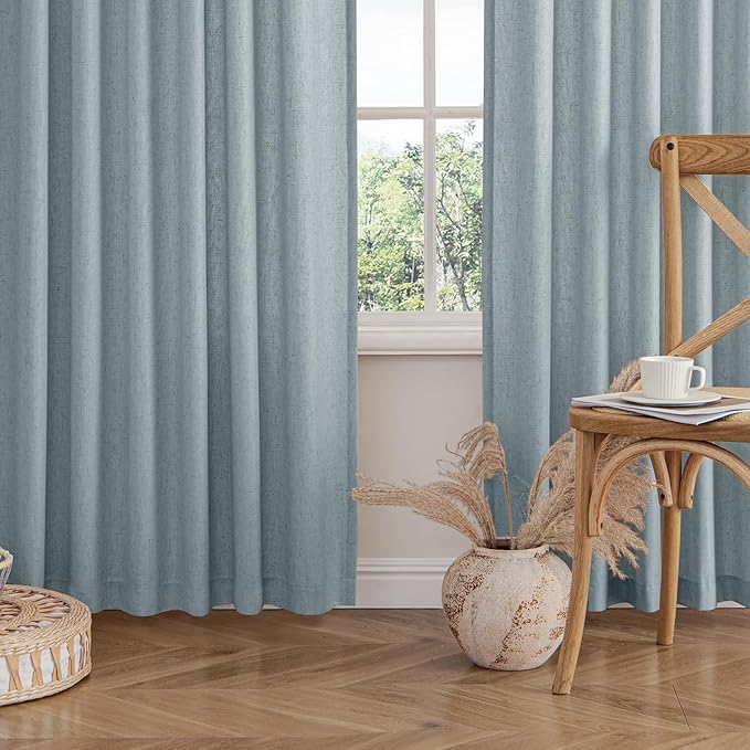MIULEE Non-See-Through Privacy Linen Curtains 2 Panels, Light Filtering Window Curtains Farnhouse Textured Back Tab Semi Sheer Drapes for Bedroom Living Room, 52 x 108 Inches Long, Stone Blue