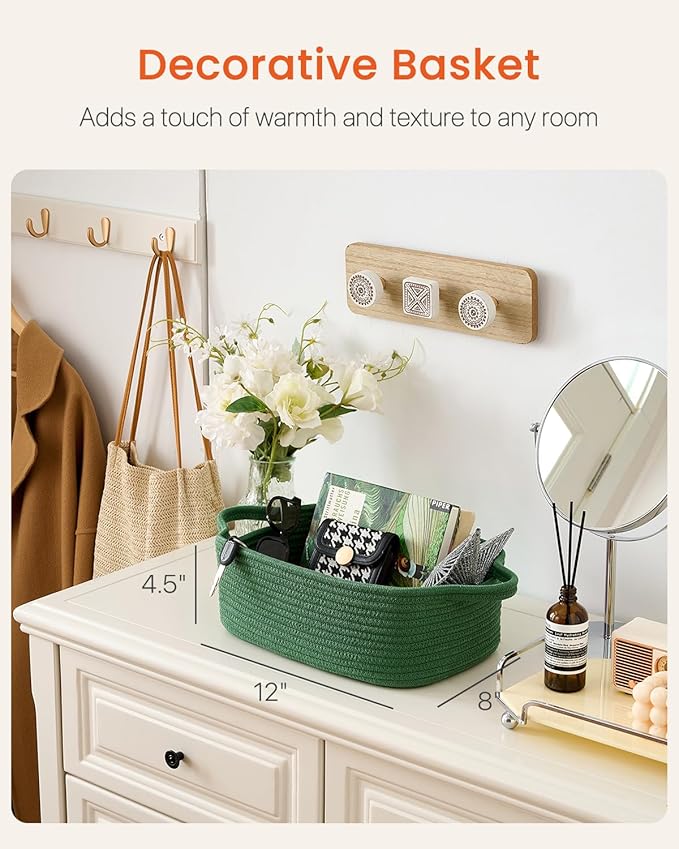 KALLAX Small Woven Basket, 12 x 8 x 4.5 Inches, Small Storage Baskets for Organizing, Gift Baskets Empty, Cute Rope Shelf Closet Storage Bins for Shelves, Dog Toy Basket, Green