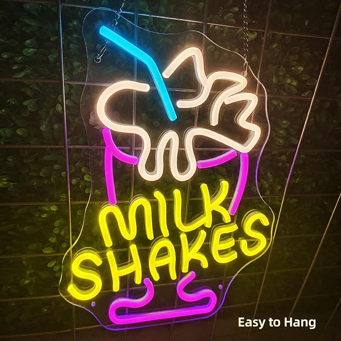 Milk Shakes Neon Sign Ice Cream Neon Signs for Wall Decor, Colorful LED Neon Lights for Dessert Shops Restaurants Bars with USB Power & Light-Up Signs