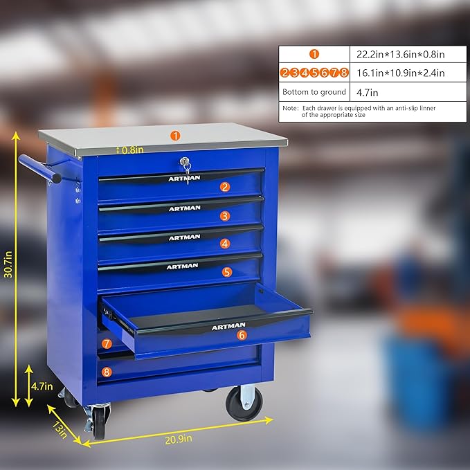 7-Drawer Heavy-Duty Rolling Tool Chest with Wheels & Steel Roof, Lockable Tool Chest Storage Cabinet for Garage, Workshop, Warehouse, and Repair Shop