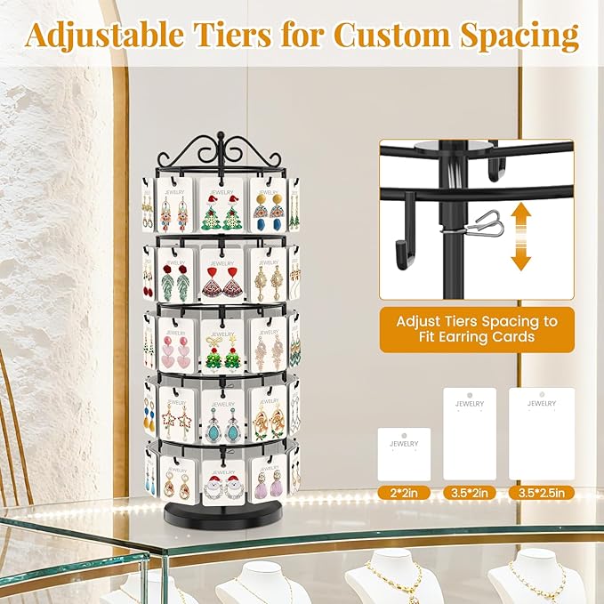 EsLuker.ly Earring Holder Organizer Rotating Display Tree Stand, Adjustable Height Earring Card Hanger Rack with 50 Hooks for Vendors Market Selling, 5 Tier Metal Jewelry Storage Tower, Black