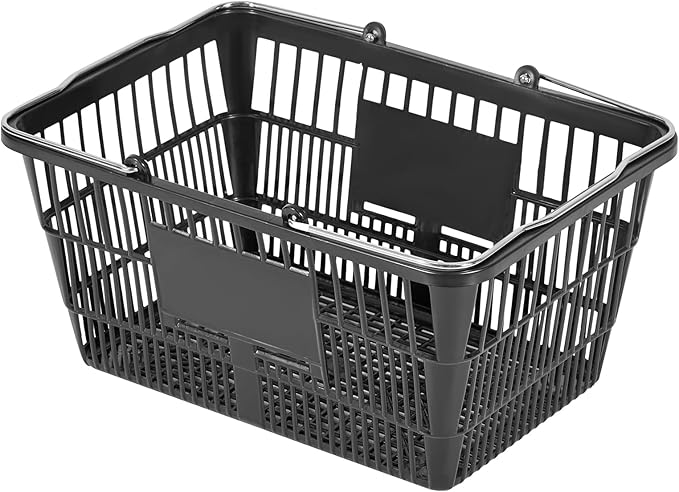 VEVOR Shopping Baskets, 12 PCS, 21L Stackable PE Plastic Grocery Baskets with Handles, Dense Mesh Structure, Holds up to 20 lbs, Portable for Grocery, Retail, Stores, Supermarket, Home Use, Black