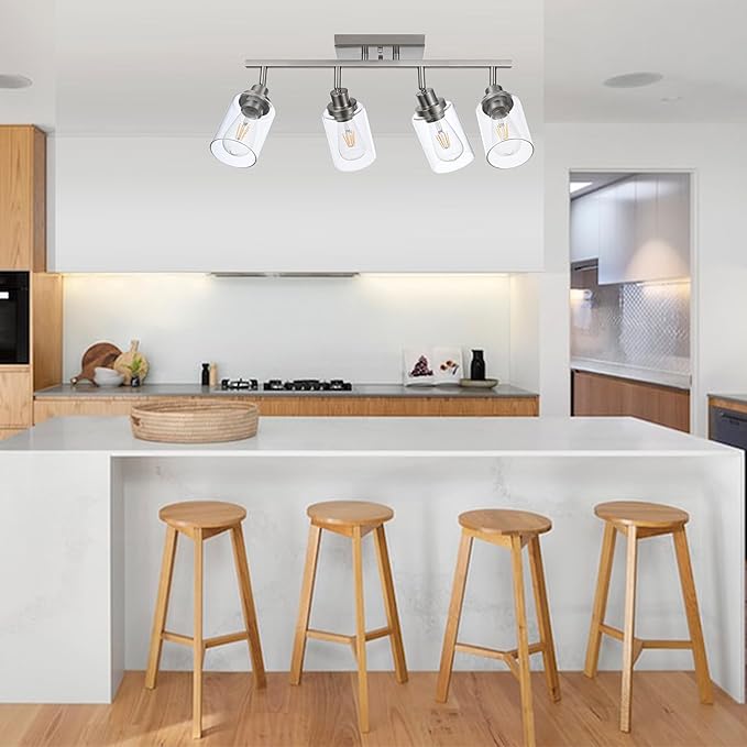 4 Light Track Lighting Fixtures Ceiling Kitchen Track Lighting Kit Brushed Nickel Bathroom Tracking Vanity Lights with Clear Glass Shade, Rotatable Spotlight for Accent Task Wall Art Hallway