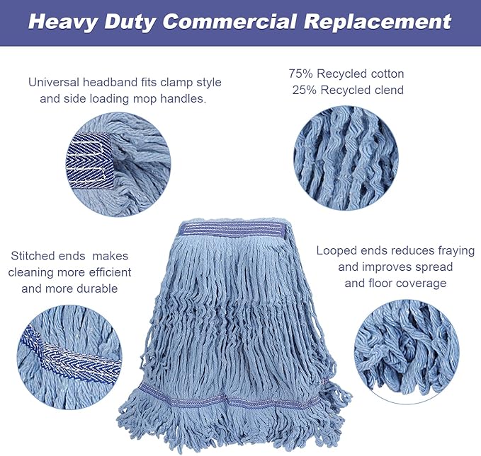 Commercial Mop Head Replacement for Rubbermaid: Wet Industrial Heavy Duty Large Blue Cotton Looped End String Mops Heads Refill 16oz Universal for Floor Cleaning - 6packs Washable Mopheads Bulk