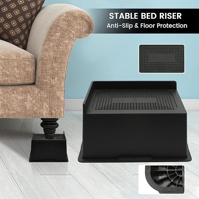 Bed Risers 4 Inch Heavy Duty, Oversized Furnitures Risers 4 inch Support 6000 lbs, Bed Table Rising Blocks, Fits for Couch, Sofa, Chair, Furniture Lifts 6 Pack（Black 4'' 6 Pack）