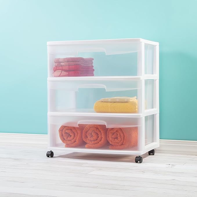 3 Drawer Wide Plastic Storage Cart with Clear Pull-Out Drawers & 4 Wheels - Medium Home Organization Container for Classroom Bathroom Dorm Bedroom Laundry Room (White)
