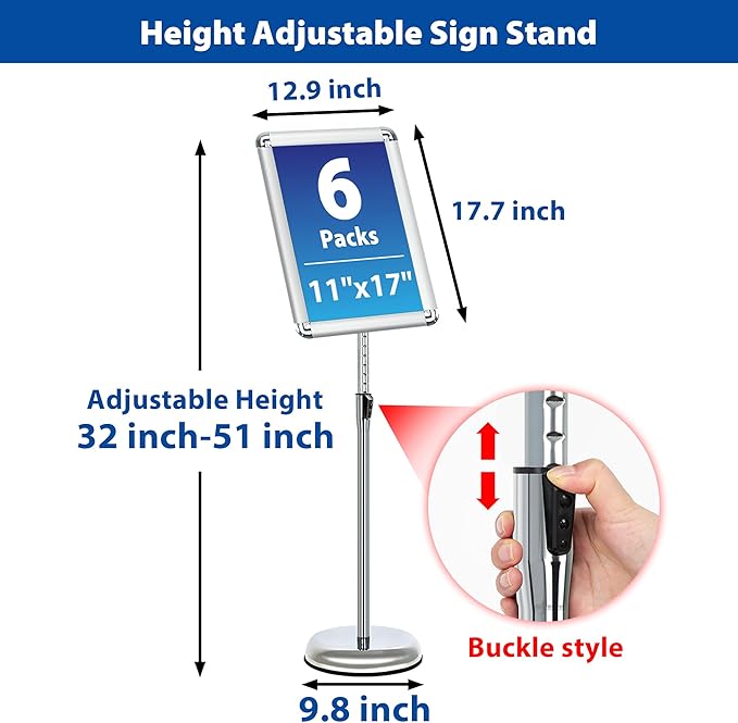 Sign Holder Stand 11x17 Inch - 6Packs Floor Standing Sign Holder - Adjustable Poster Sign Stand Pedestal Sign Holder for Vertical & Horizontal View Signage Stand, Silver