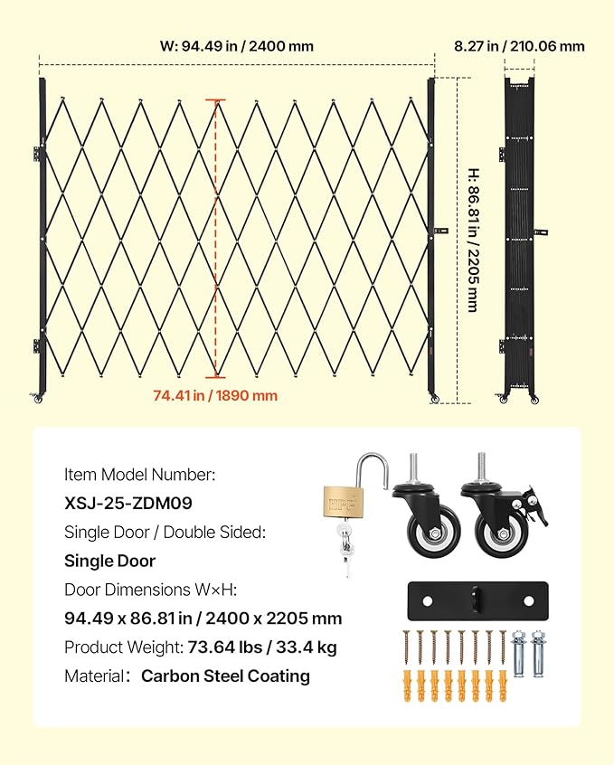 VEVOR Single Folding Security Gate, Lockable Scissor Gate with 360° Swivel Casters, Outdoor Barricade Steel Retractable Gates, for Entry Security, Garage, Warehouse & Pool, 94.49 x 86.81 in (W x H)
