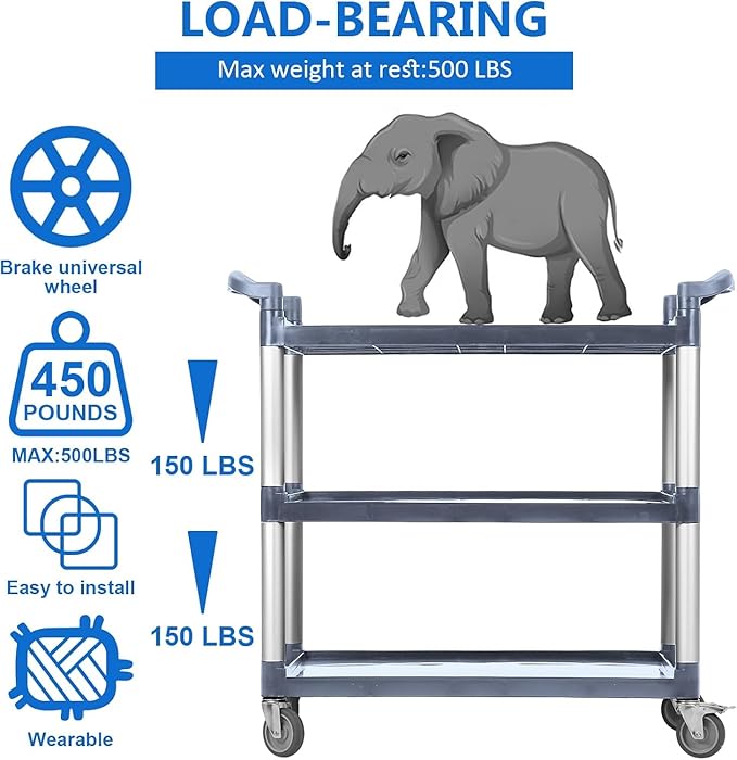 Service Cart 3 Shelf, Plastic Heavy Duty 3-Tier Utility Cart with Wheels, Rolling Utility/Push Cart for Foodservice/Commercial/Restaurant/Office/Warehouse/Kitchen/Hotel
