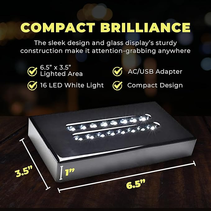 16 LED White Light Base for Glass Art - Illuminated Display Base for Crystal, Glass Art, and Crystal Cube Base - Rectangular Satin Matte Black - AC/USB Adapter Powered - 6.5"x 3.5"x 1" (Black)
