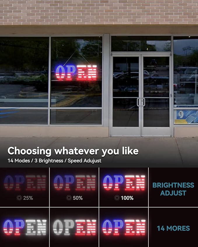 Open Sign for Business, 40"x14" Jumbo Open Sign with Timer and Remote Control, Dynamic Light Modes Led Signs for Storefront Window Bar Salon Cafes Retail Shops US Flag