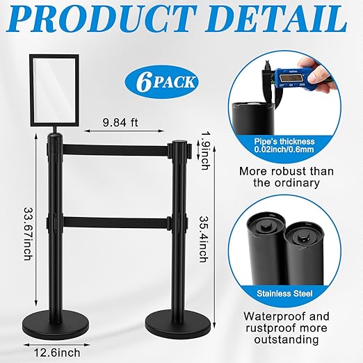 6 Pcs Crowd Control Stanchions Set Stainless Steel Barrier Post with Dual Retractable Belt 9.8 ft and 1 Sign Holder Crowd Safety Control Barrier Solid Base Easy Connect Assembly