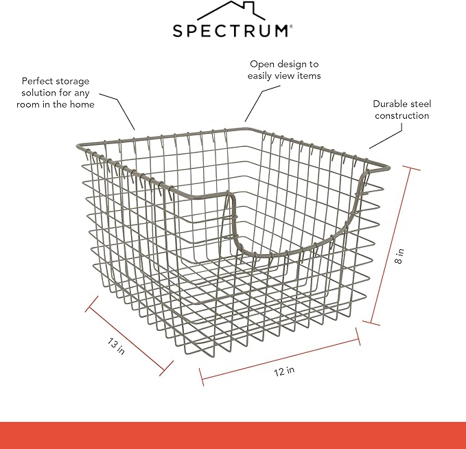 Spectrum Diversified 98977 Scoop Wire Basket, Vintage-Inspired Steel Storage Solution for Kitchen, Pantry, Closet, Bathroom, Craft Room & Garage, Single, Satin Nickel