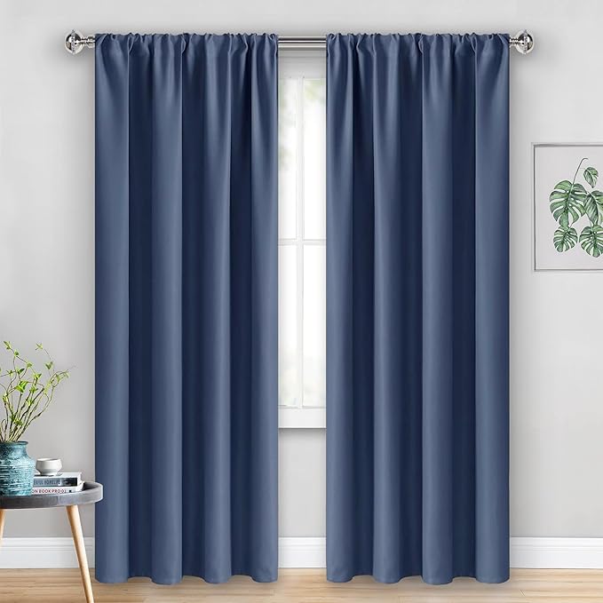 JIUZHEN Dusty Blue Blackout Curtains for Bedroom - Thermal Insulated Room Darkening Rod Pocket Curtains for Living Room, Set of 2 Panels with Tiebacks, 42 x 96 Inch Length, Dusty Blue