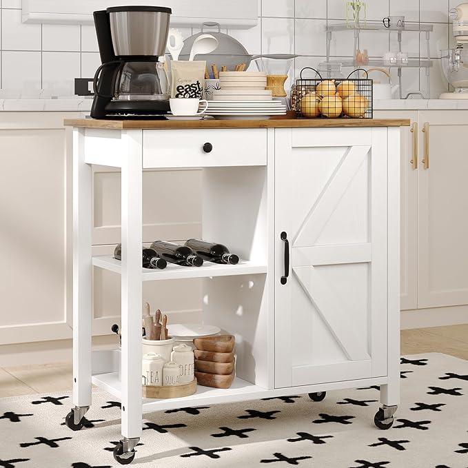 4 EVER WINNER Small Kitchen Island with Storage, Kitchen Island on Wheels with Wine Rack, Coffee Cart, Microwave Cart for Kitchen,Dining Room，White