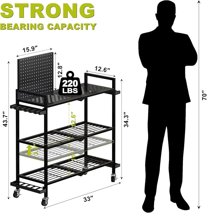 Fishing Rod Holders for Garage, Fishing Rod Stand with Wheels and Pegboard, 3-Tier Pole Storage Rack with 8 Hooks and 12 Rod Slots, Ideal for Tackle, Backpacks, and Gear