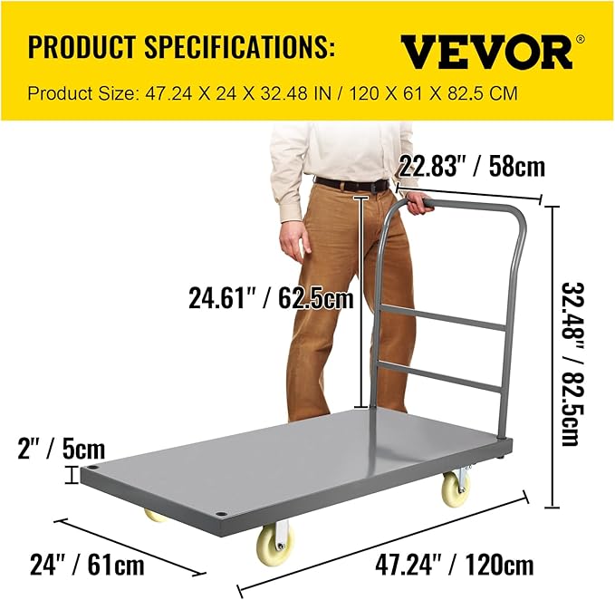 VEVOR Platform Truck, 2000 lbs Capacity Steel Flatbed Cart, 47" Length x 24" Width x 32" Height Flat Dolly, Hand Trucks with 5" Nylon Casters, Heavy-Duty Utility Push Carts for Luggage Moving