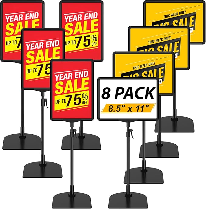Table Top Sign Holders 8.5 x 11, Double-Sided Adjustable Floor Standing Sign Holder for Vertical Horizontal View, Black Tabletop Poster Stands for Display, Fit Retail Event Store, 8 Pack