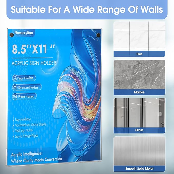 Acrylic Sign Holder 8.5 x 11 Wall Mount, Adhesive & Magnetic Back - Vertical or Horizontal Mount for Office, Classroom, Retail Displays on Glass, Doors, Wood, or Other Smooth Surfaces