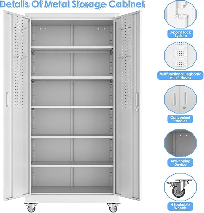 Metal Garage Storage Cabinet with Wheels and Pegboard,Rolling Tool Storage Cabinet with 5 Adjustable Shelves for Garage Warehouse Office Utility Room,Required Assembly,71" H×34" W×18" D,White