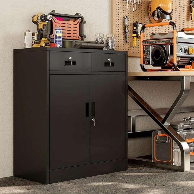 BESFUR Locking Cabinet with 2 Drawers and Lockable Doors, 36" H Black Metal Storage Cabinet with Adjustable Shelf for Home Office, Garage,School, Apartment, Warehouse