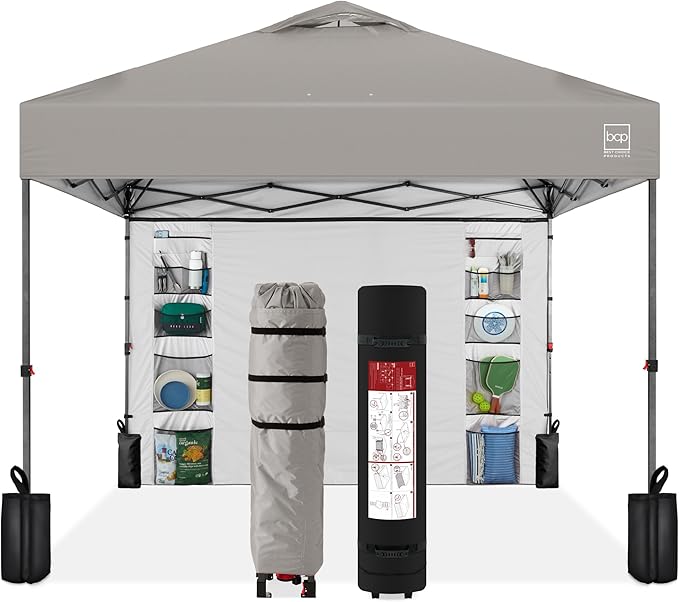 Best Choice Products 10x10ft Easy Pop Up Canopy w/Side Wall, 10 Pockets, Portable Carrying Case, 1-Button Setup, 4 Weight Bags - Light Gray
