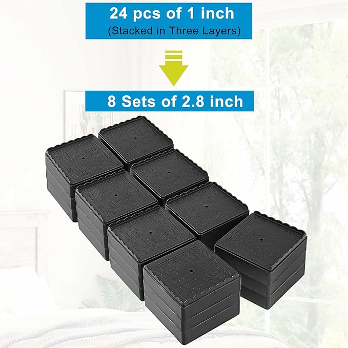 Bed Risers 1 inch, 2 inch, 3 inch, 4 inch Heavy Duty, Adjustable Furniture Riser for Table Desk Couch Sofa Chair Recliner Leg Frame Dorm, Stackable Bed Raisers Blocks (Black 8 Pack, 1+1+1 inch)