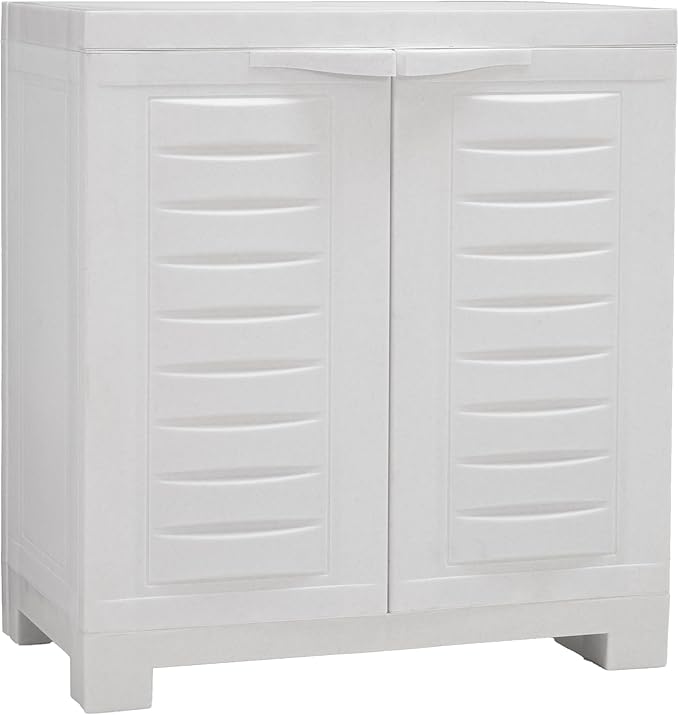 Sunnydaze Freestanding Garage Storage Cabinet with Doors - Indoor Utility Storage Cabinet - 25.5" H - Garage, Office, Home, Laundry Room - Speckled White