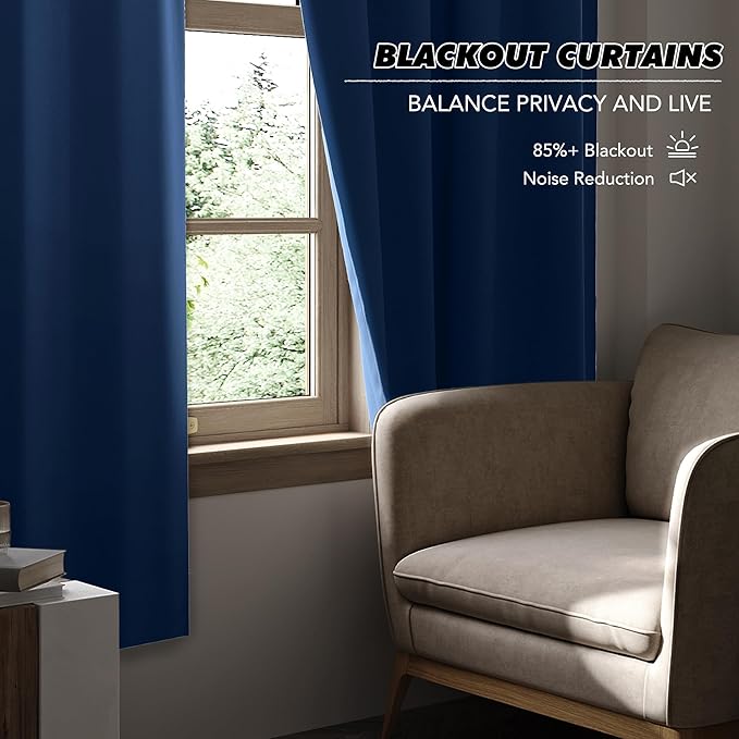 KGORGE Short Blackout Curtains 45 inch Length, Rod Pocket Privacy Room Darkening Drapes Thermal Insulation Noise Reducing Curtains for Bedroom Kitchen, W52 x L45 inches, Blue, 2 Panels