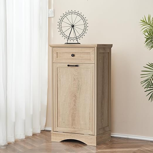 13 Gallons Tilt Out Trash Cabinet Freestanding Kitchen Trash Bin Cabinet Wood Garbage Recycling Cabinet with Hideaway Drawer Pet Proof Trash Can Holder for Kitchen Living Room, Light Wood