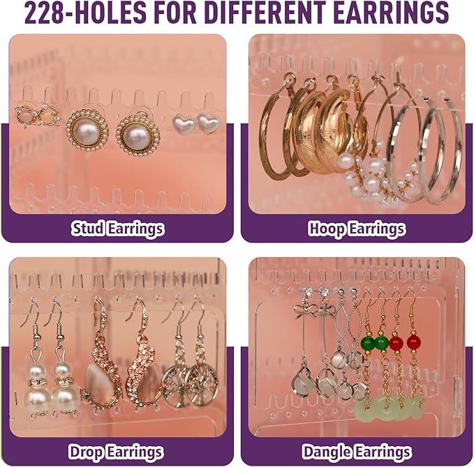 360° Rotating Jewelry Organizer Stand with 5 Layers,Acrylic Earring Holder Organizer Stand,228 Holes and 232 Grooves for Studs,Dangly Earrings,Chains,Bracelets,Necklace
