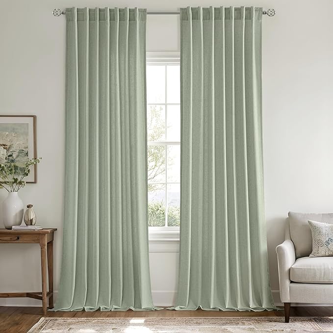 MIULEE Non-See-Through Privacy Linen Curtains 2 Panels, Sage Green Light Filtering Window Curtains 90 Inches Long, Farmhouse Textured Back Tab Semi Sheer Drapes for Bedroom Living Room, Light Green
