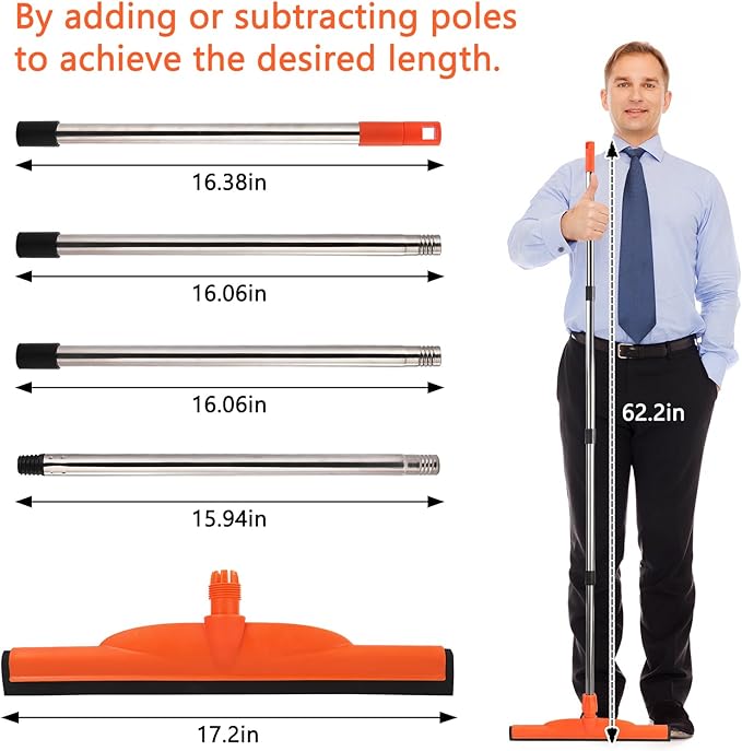Multi-Purpose Floor Squeegee,Long-Handled EVA Scraper,Adjustable 68-inch Stainless Steel Rod, Ideal for Concrete, Tile, Garages, Terraces, Decks and Swimming Pools(Orange)