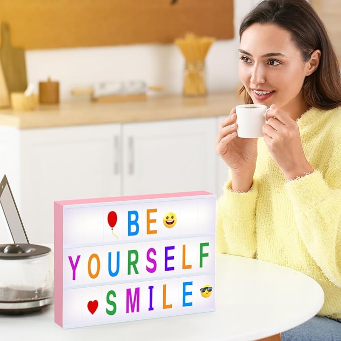 Cinema Light Box,Cool Stuff Christmas Birthday Gifts for 8 9 10 11 12 Year Old Teen Girl/Women,DIY Lightbox for Teen Girls Room Decor,Light Up Letters Board with 212 Letters and Emojis -Pink