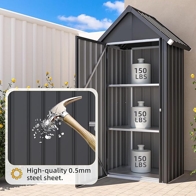 AECOJOY Outdoor Storage Cabinet Waterproof with Adjustable Shelves, Vertical Tall Storage Shed with Lockable Door, All Weather Mental Sheds & Outdoor Storage Clearance for Outside in Dark Grey