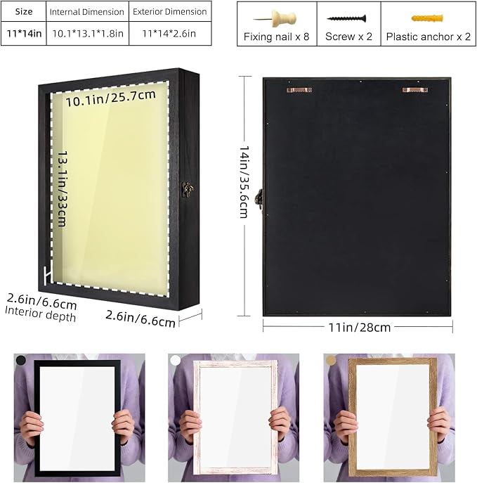 TJ.MOREE Flowers Shadow Box Display Case 11 x 14 Large Shadowbox Frame with Glass Window Door Wedding Bouquet Medals Photos Memory Box for Keepsakes - Rustic Black