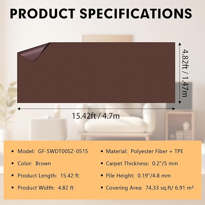 Marine Carpet,5 FT x 15 FT Brown Indoor Outdoor Carpet 0.2" Thick Boat Carpet with Water-Proof TPE Backing, Non-Slide Outdoor Marine Carpet Roll for Home, Patio, Porch, Deck