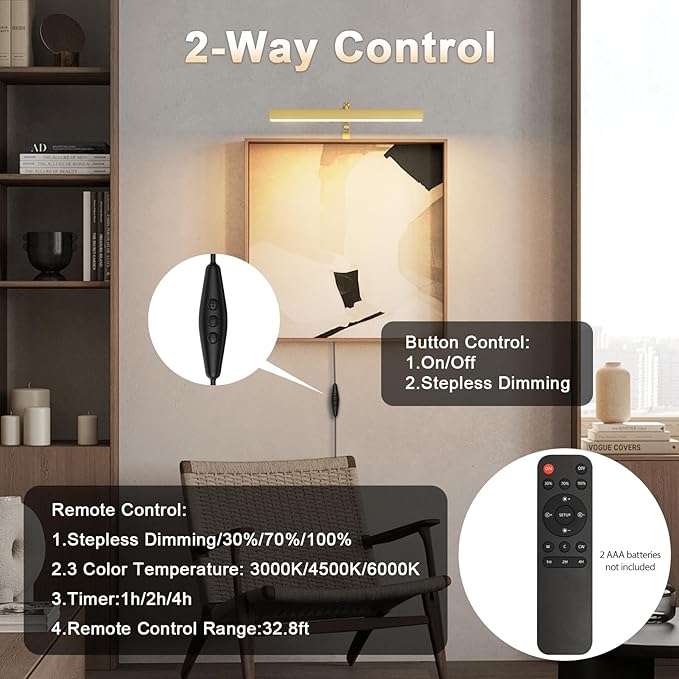 4W Plug in Picture Light for Paintings with Remote Control, 12" LED Art Display Lighting for Gallery, Dartboard, Artwork, Gold Wall Mounted Picture Frame Light